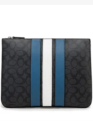 Coach Large Pouch In Signature Canvas With Varsity Stripe (Black)