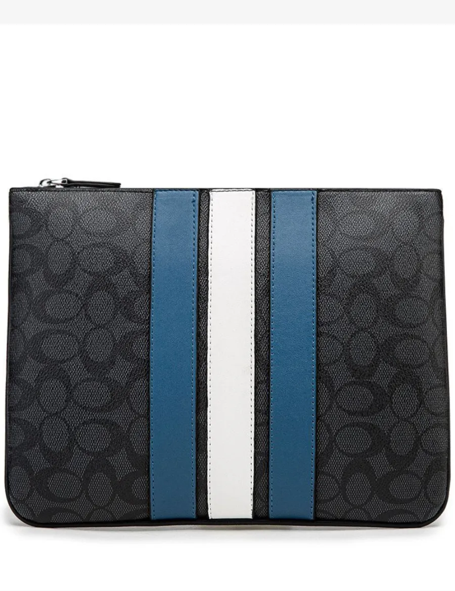 Coach Large Pouch In Signature Canvas With Varsity Stripe (Black)
