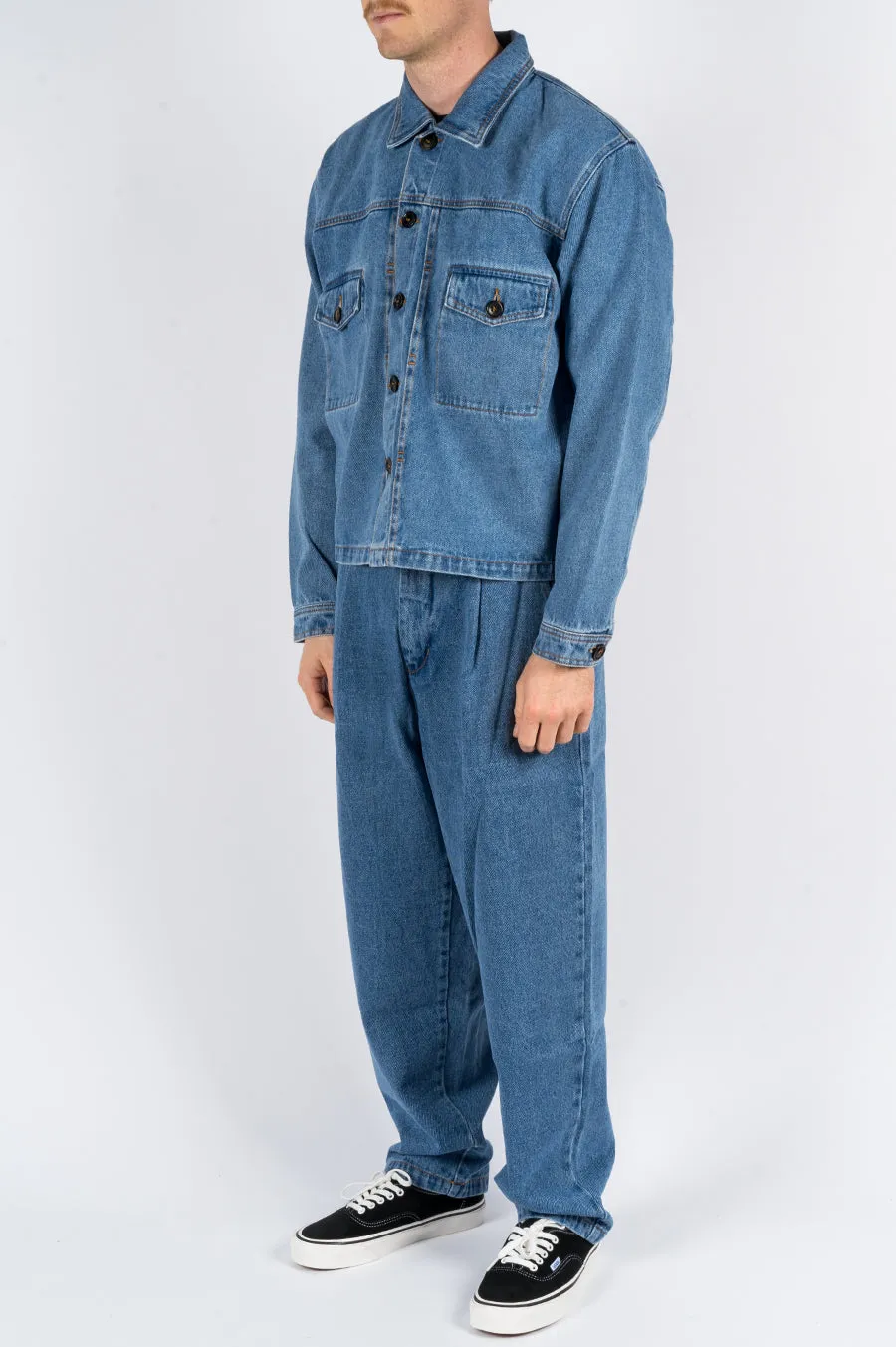 SECOND LAYER DENIM TRUCKER JACKET STONE WASH INDIGO
